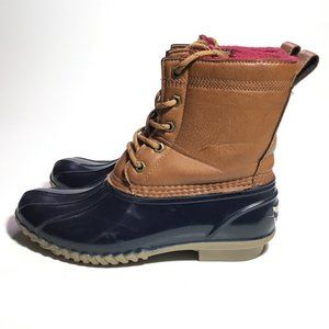 Tommy Hilfiger Woman's Duck Rain Boots Leather Side Zip Navy Blue Size 8 VGUC-